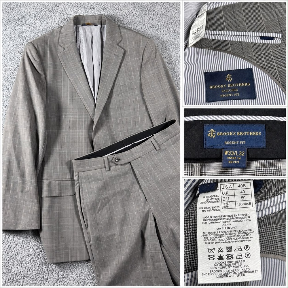 Brooks Brothers Suit Mens 40R Grey Glen Plaid Explorer Regent Fit 33x32 Wool